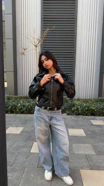 Cropped Leather Bomber Jacket