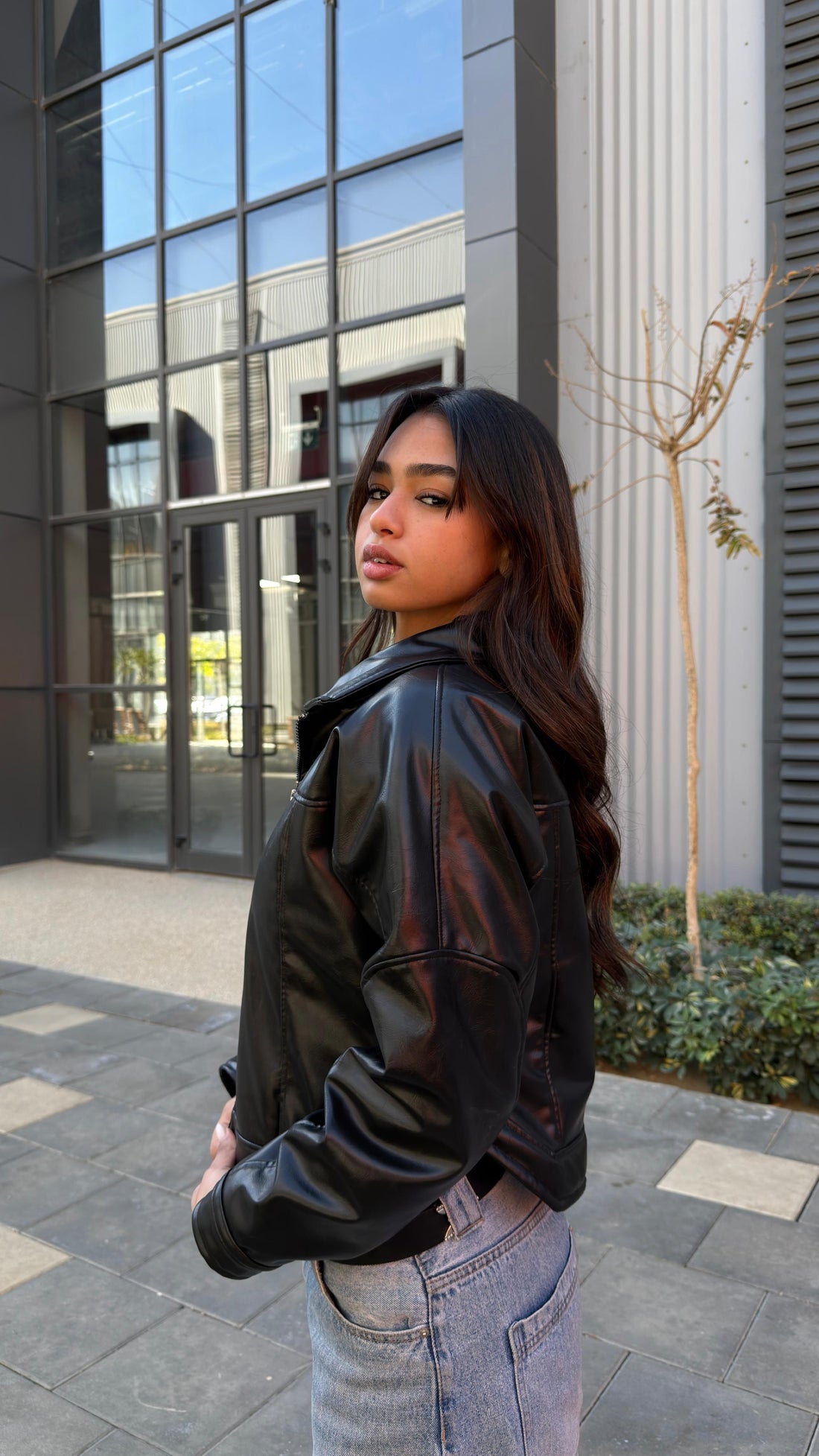 Cropped Leather Bomber Jacket