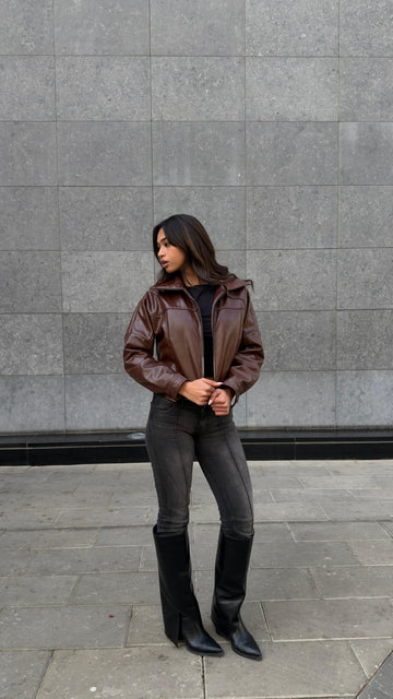 Cropped Leather Bomber Jacket