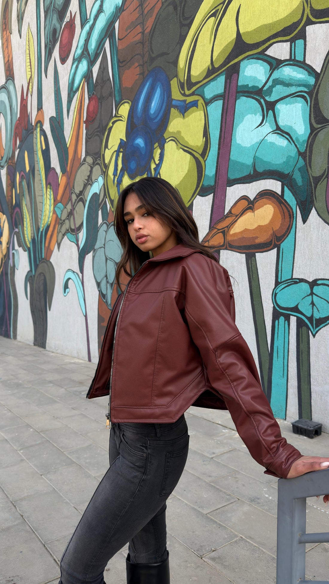 Cropped Leather Bomber Jacket